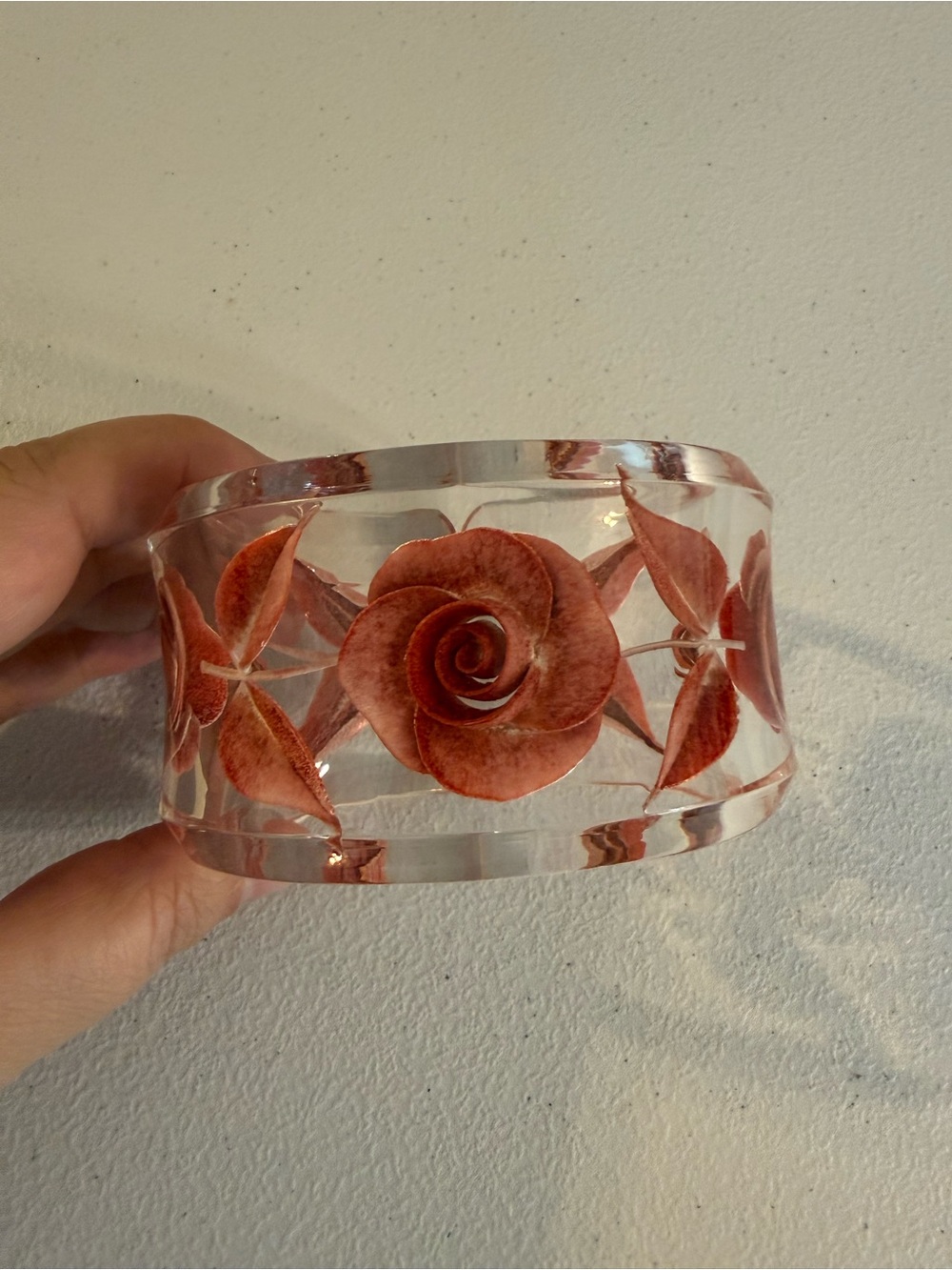 Vintage Lucite Chunky Clear Cuff Bracelet Bangle Red Rose Floral Transparent